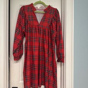 Red Plaid Midi Dress with V-Neck and Long Sleeves